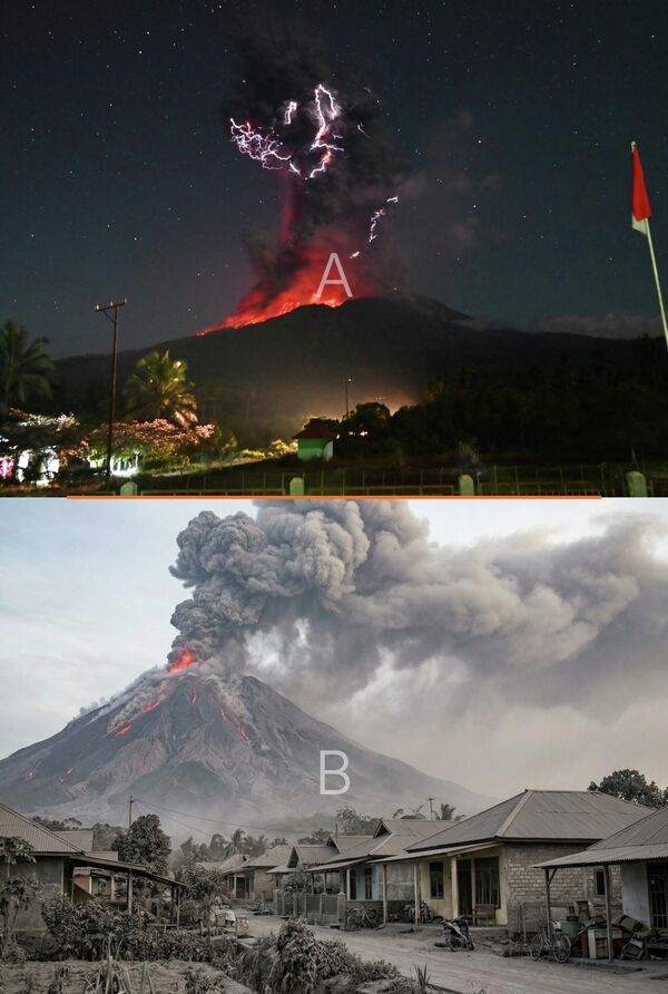 Горе: На овој фотографији коју је објавила Геолошка агенција (Badan Geologi) Министарства енергетике и минералних ресурса Индонезије, муња сева док вулкан Левотоби Лаки-Лаки избацује вулкански материјал током ерупције у Источном Флоресу, Индонезија, у петак, 1. августа 2025. (стварна фотографија).Доле: Ерупција вулкана у Индонезији (АИ фотографија). - Sputnik Србија