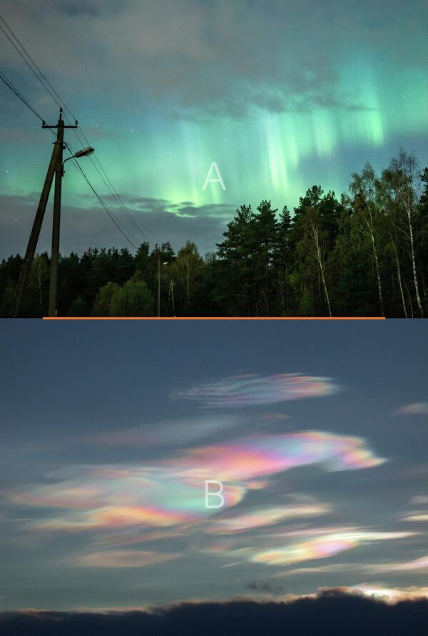 Горе: Северна светлост у Калињинградској области (АИ фотографија).Доле: Иридесцентни облаци од ледених честица (поларни стратосферски облаци). Без накнадне обраде или ефеката (стварна фотографија). - Sputnik Србија