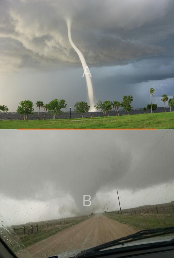 Горе: Фотографија водене пијавице изнад реке Пис, око 19.40 по источном летњем времену (EDT), 15. јула 2005. године (стварна фотографија).Доле: Торнадо снимљен из прозора аутомобила у држави Тексас (АИ фотографија). - Sputnik Србија