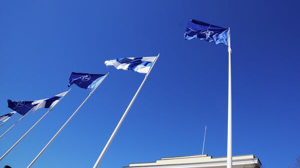 Zastave Finske i EU ispred zgrade Ministarstva spoljnih poslova Finske u Helsinkiju - Sputnik Srbija