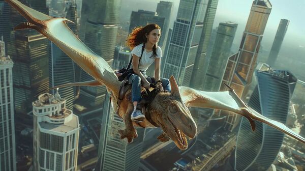 Фантастична стварност: палеогенетика је омогућила не само да се врате у живот џинови мезозоика, већ и да се припитомe. Девојчица на питомом птеродактилу лебди изнад престонице, користећи летећег гмизавца као новог, живог и верног „крилатог коња“. - Sputnik Србија