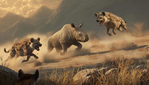 Сукоб два праисторијска џина: динокрокуте — свирепи предатори, налик на џиновске хијене — нападају масивног хилотеријума, који подсећа на носорога без рога. Сурова, али величанствена сцена борбе за опстанак у праисконском свету. - Sputnik Србија