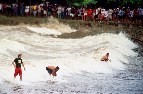 Мештани острва Тоио близу Сао Домингос до Капима, у северном Бразилу, посматрају сурфере како јашу талас „Поророка“. Талас „Поророка“ се јавља сваке године, између фебруара и марта, када океан удари у јако исушену реку Амазон и створи огроман талас који тече узводно стотинама километара. Таласи високи и до 3 метра могу трајати 45 минута. - Sputnik Србија
