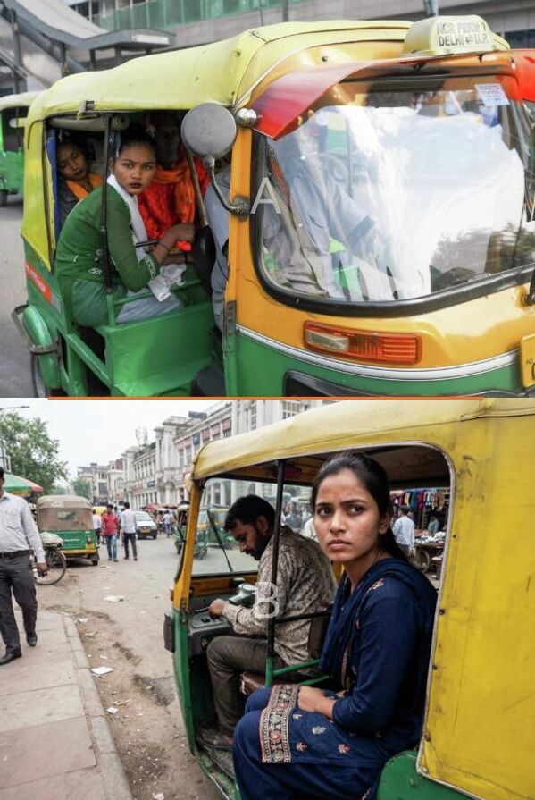„Devojka u Indiji.“Gore: Meštani na ulici u Delhiju. Dole: Devojke u tuk-tuku u Delhiju (generasano veštačkom inteligencijom). - Sputnik Srbija
