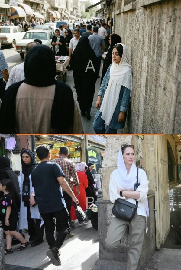 „Stanovnici Teherana.“ Gore: Devojka na ulici u Teheranu (generasano veštačkom inteligencijom). Dole: Iranci na ulici u Teheranu. - Sputnik Srbija