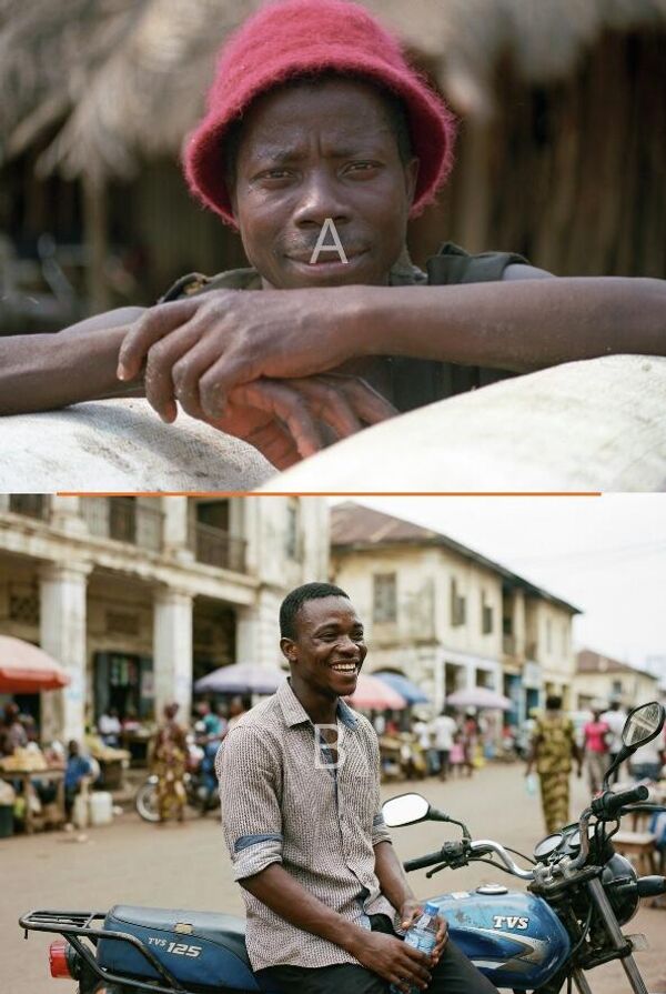 „Mladić u Gvineji.“Gore: Portret muškarca iz Gvineje. Dole: Mladić ćaska dok sedi na motociklu u Gvineji. (generasano veštačkom inteligencijom). - Sputnik Srbija