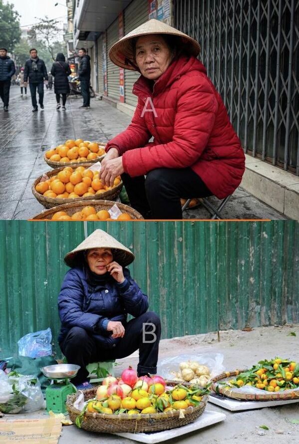 „Žena u Vijetnamu.“Gore: Žena prodaje mandarine na ulici u Hanoju (generasano veštačkom inteligencijom). Dole: Voće na prodaju u trgovačkoj ulici Ngo Čo Kam Tien u Hanoju. - Sputnik Srbija