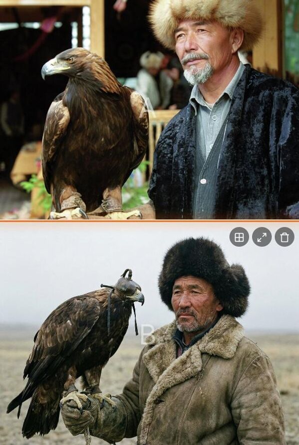 „Čovek u Kazahstanu.“Gore: Stanovnik Almatija. Dole: Čovek sa surim orlom u stepi. (generasano veštačkom inteligencijom). - Sputnik Srbija