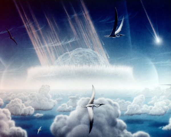 Ova slika, delo Donalda E. Dejvisa, prikazuje asteroid koji udara u plitko tropsko more na sumporom bogatom poluostrvu Jukatan, na području današnjeg jugoistočnog Meksika. Smatra se da su posledice ovog ogromnog sudara asteroida, koji se dogodio pre oko 65 miliona godina, izazvale nestanak dinosaurusa i mnogih drugih vrsta na Zemlji.Udar je izbacio stotine milijardi tona sumpora u atmosferu, što je dovelo do globalnog zamračenja i naglog zahlađenja koje je potrajalo najmanje deset godina.Na slici su prikazani pterodaktili, leteći gmizavci sa rasponom krila i do oko 15 metara, kako klize iznad niskih tropskih oblaka. - Sputnik Srbija