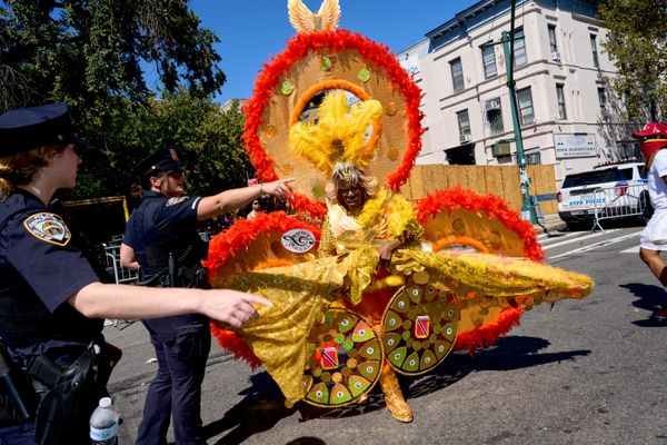 Žena u kostimu traži uputstva od pripadnika Policijske uprave Njujorka (NYPD) tokom Parade Antila. - Sputnik Srbija