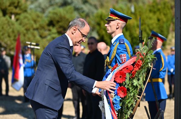 Nakon pomena, pristupilo se polaganju venaca i cveća. Venac je u ime Vlade Srbije položio premijer u tehničkom mandatu Đuro Macut - Sputnik Srbija