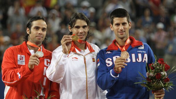 Фернандо Гонзалес, Рафаел Надал и Новак Ђоковић, освајачи олимпијских медаља у Пекингу 2008. - Sputnik Србија