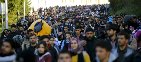 Мигранти ходају према аустријској граници, након одмора у импровизованом логору у селу Стари Град, Словенија, 24. октобра, 2015. - Sputnik Србија