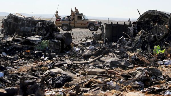 The remains of a Russian airliner are seen as an army vehicle guards the crash site in the al-Hasanah area in El Arish city, north Egypt - Sputnik Србија