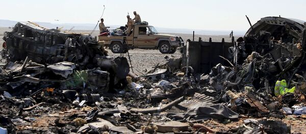 The remains of a Russian airliner are seen as an army vehicle guards the crash site in the al-Hasanah area in El Arish city, north Egypt - Sputnik Србија