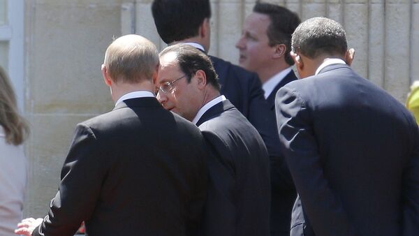 Predsednik Rusije Vladimir Putin, predsednik SAD Barak Obama i predsednik francuske Fransoa Oland - Sputnik Srbija