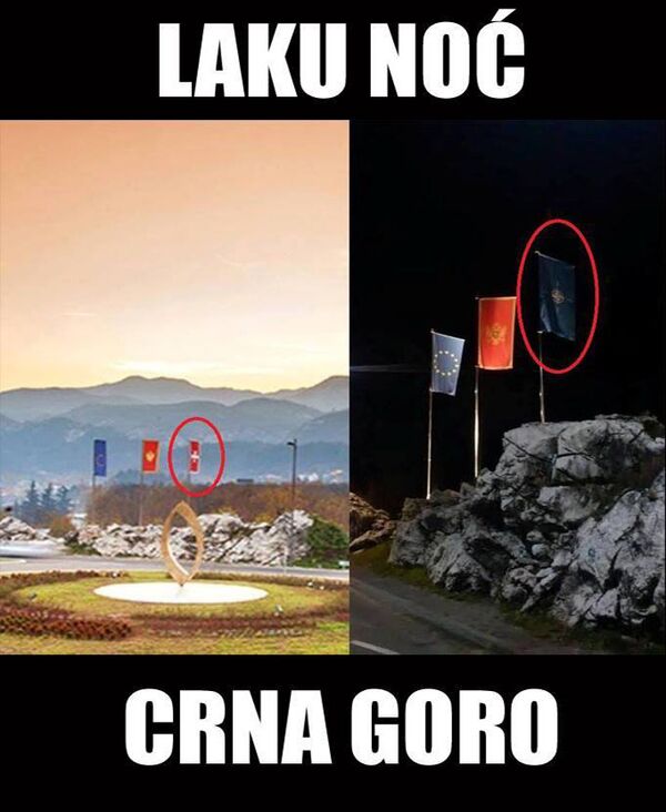 Na slici levo se vide zastave Crne Gore, EU i crnogorski Krstaš barjak, a od 2. decembra na njegovo mesto je podignuta zastava NATO-a Na slici levo se vide zastave Crne Gore, EU i crnogorski Krstaš barjak, a od 2. decembra na njegovo mesto je podignuta zastava NATO-a - Sputnik Srbija