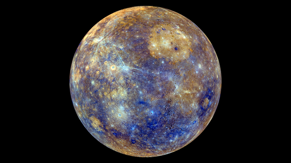 Снимок Меркурия в искусственных цветах, отражающих минералогические и химические свойства приповерхностного грунта - Sputnik Србија