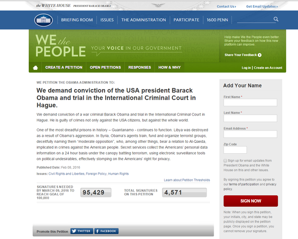 Петиција на сајту Беле куће да се Бараку Обами суди у Хагу за ратне злочине против грађана САД и целог света. Петиција на сајту Беле куће да се Бараку Обами суди у Хагу за ратне злочине против грађана САД и целог света. - Sputnik Србија
