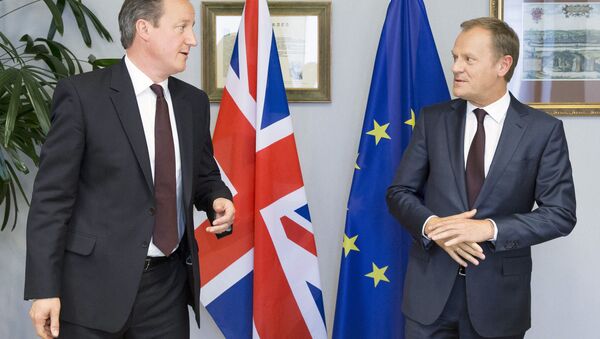 British Prime Minister David Cameron (L) is seen during a meeting with European Council President Donald Tusk in Brussels, Belgium, June 25, 2015. - Sputnik Србија