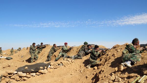 Sirijski vojnici osmatraju teren na ratištu u Siriji, blizu grada Raka, 19. februara 2016. godine - Sputnik Srbija