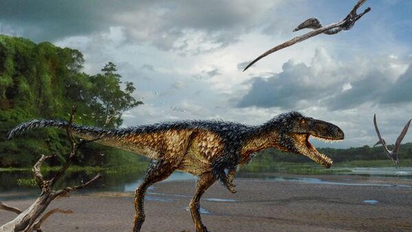реконструкција новог тиранносауруса Timurlengia euotica у свом природном окружењу пре 90 милиона година. - Sputnik Србија