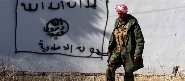 Курдски борац пролази поред зида на којем је нацртана застава ДАЕШ-а  (Исламске државе) - Sputnik Србија