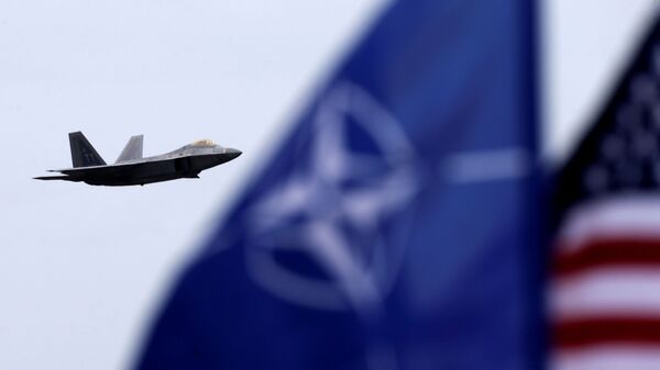 Амерички ловац Ф-22 „раптор“ са заставама НАТО-а и САД - Sputnik Србија