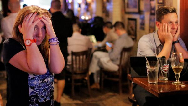 Reakcija ljudi u britanskom baru Čerčil u Njujorku na predviđanja Bi-Bi-Sija da Britanija napušta EU - Sputnik Srbija