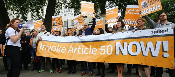 Присталице брегзита демонстрирају испред Улице Даунинг бр. 10 у Лондону. - Sputnik Србија