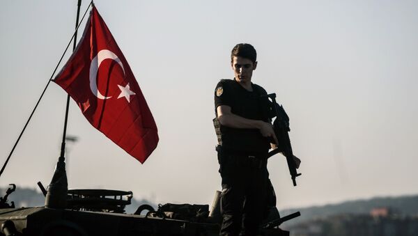 Полицајац на војним оклопним возилима на Босфорском мосту у Истанбулу након покушаја државног удара у Турској, 16. јул 2016. - Sputnik Србија