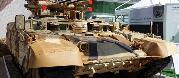 Borbeno vozilo za podršku tenkovima (BMPT) Terminator kompanije Uralvagonzavod na međunarodnom sajmu odbrane u Abu Dabiju. - Sputnik Srbija