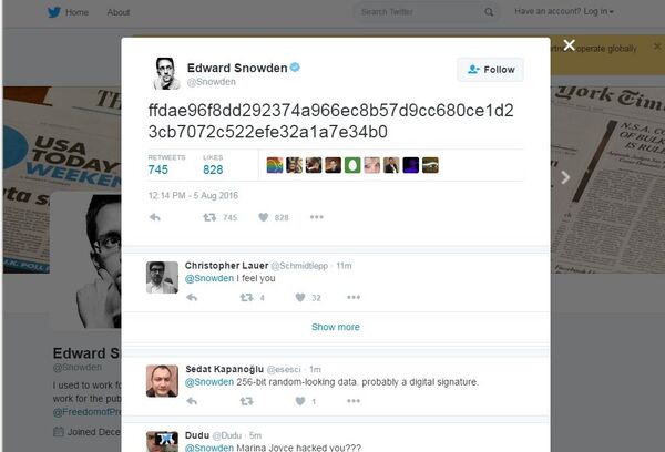 Šifrovana tviter poruka Edvarda Snoudena Šifrovana tviter poruka Edvarda Snoudena - Sputnik Srbija