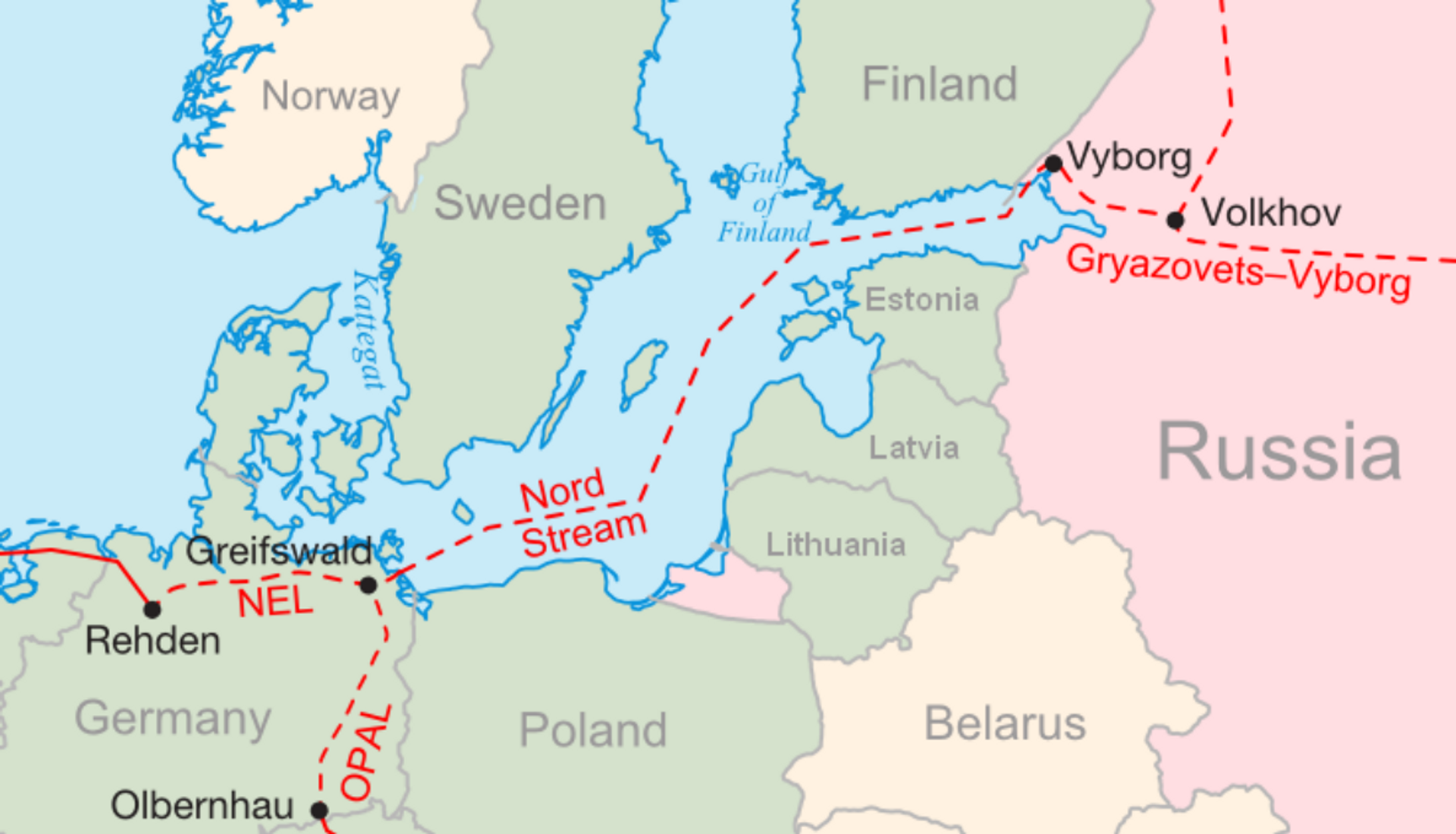 Мапа путање Северног тока, који иде од руског Виборга преко Балтичког мора до Грајфсвалда на североистоку Немачке - Sputnik Србија, 1920, 30.09.2022