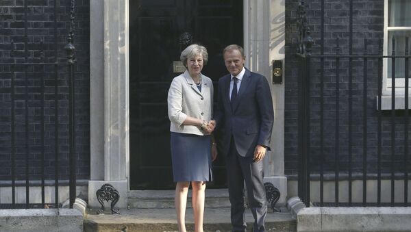 Premijerka Velike Britanije Tereza Mej i predsednik Evropskog saveta Donald Tusk pre sastanka u Dauning stritu u Londonu - Sputnik Srbija