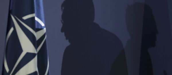 Силуете Александара Вучића и Јенса Столтенберга поред заставе НАТО-а Силуете Александара Вучића и Јенса Столтенберга поред заставе НАТО-а - Sputnik Србија