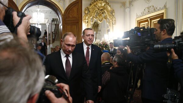 Predsednik Rusije Vladimir Putin i predsednik Turske Redžep Tajip Erdogan na Svetskom energetskom kongresu u Istambulu - Sputnik Srbija