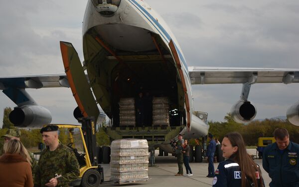 Pripremanje humanitarne pomoći za Alep na aerodromu u Nišu. - Sputnik Srbija