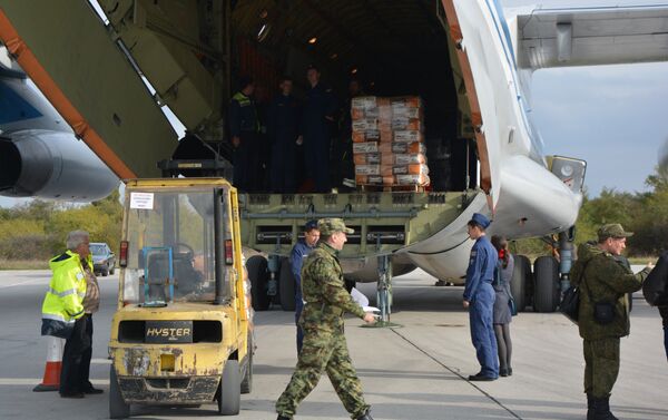 Припремање хуманитарне помоћи за Алеп на аеродрому у Нишу. - Sputnik Србија