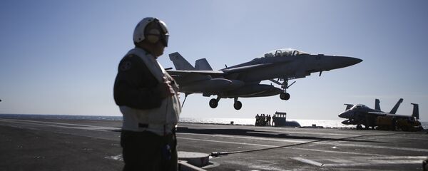 Pripadnik američkog vazduhoplovstva posmatra sletanje aviona F/A-18 Hornet na nosač aviona Ronald Regan - Sputnik Srbija