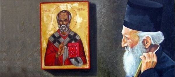 Српски патријарх Павле се моли испод иконе Светог Николе. Рад уметника Драгана Раскова Милошевића из Краљева Српски патријарх Павле се моли испод иконе Светог Николе. Рад уметника Драгана Раскова Милошевића из Краљева - Sputnik Србија