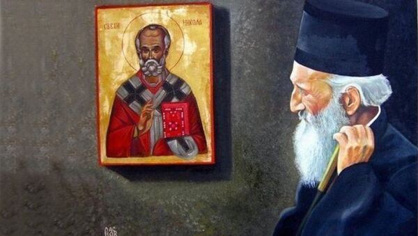 Srpski patrijarh Pavle se moli ispod ikone Svetog Nikole. Rad umetnika Dragana Raskova Miloševića iz Kraljeva - Sputnik Srbija