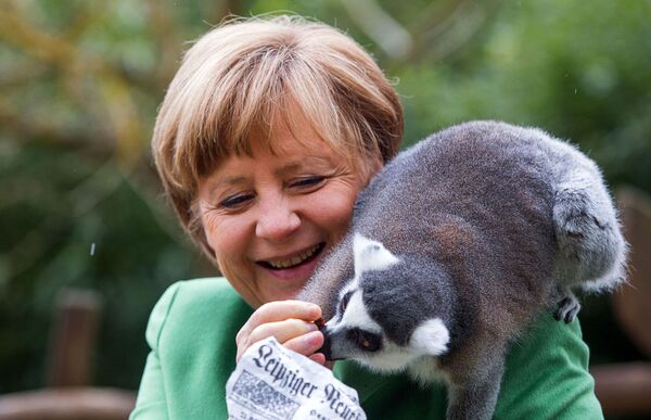 Kancelerka Nemačke Angela Merkel hrani lemura koji joj sedi na leđima u ptičjem parku u Marlou - Sputnik Srbija