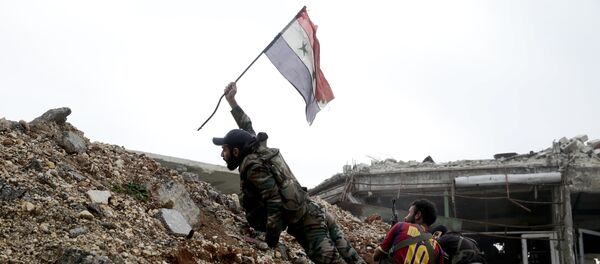 Sirijski vojnik zabada zastavu u Alepu - Sputnik Srbija