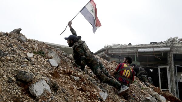 Sirijski vojnik zabada zastavu u Alepu - Sputnik Srbija