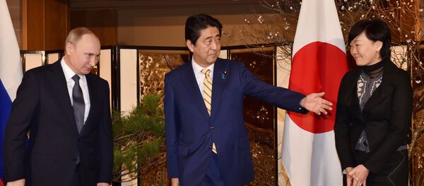 Председник Русије Владимир Путин и премијер Јапана Шинзо Абе пре састанка у Нагатоу у јапанској префектури Јамагучи Председник Русије Владимир Путин и премијер Јапана Шинзо Абе пре састанка у Нагатоу у јапанској префектури Јамагучи - Sputnik Србија