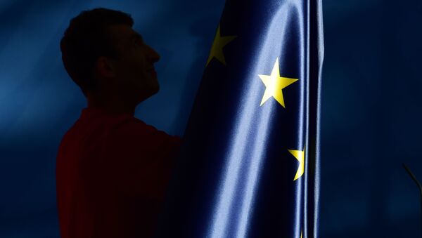 Čovek stoji pored zastave EU - Sputnik Srbija