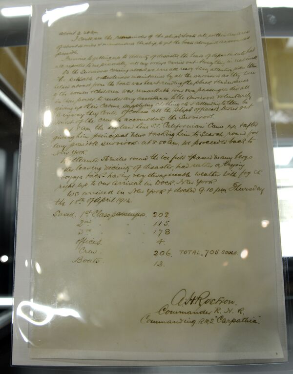 Извештај о спасавању са листом спасених путника са брода Титаник Извештај о спасавању са листом спасених путника са брода Титаник - Sputnik Србија