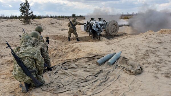 Украјинске снаге пуцају из хаубица током војне вежбе у Житомиру, 150 км од Кијева - Sputnik Србија