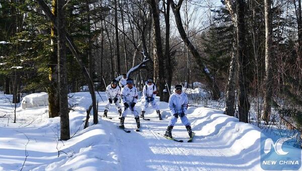 Полицајци скијају током патроле на планини Чангбај у североисточној кинеској провинцији Ђилин - Sputnik Србија